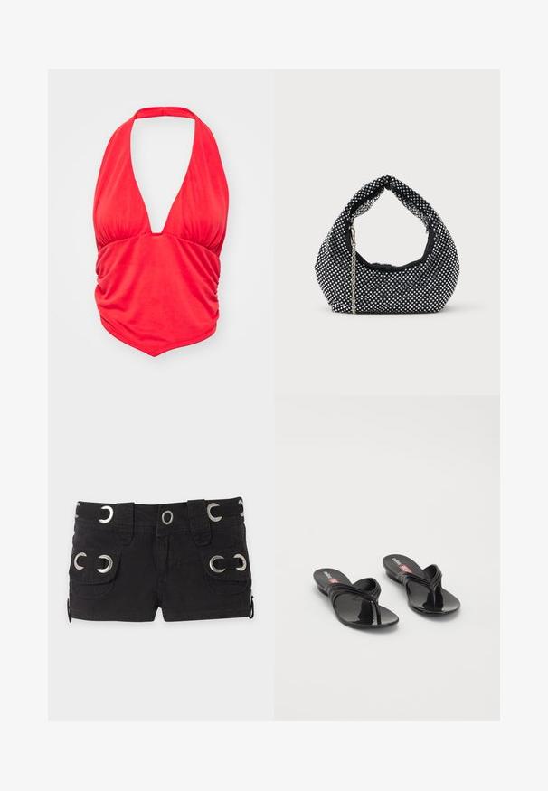 Rode haltertop met een diepe V-halslijn en geplooide stofdetails bij de buste. Glad textuur en een aansluitende pasvorm, geschikt voor casual draag.; Zwarte shorts met twee voorzakken met zilveren ringetjes en riemlussen op een effen lichtgrijze achtergrond.; Melissa QUANTUM THONG X DIESEL - Teensandalen - black; Zwarte mesh handtas versierd met zilveren studs, met een gebogen handvat en een kettingschouderriem. Zachte textuur met een ronde vorm.