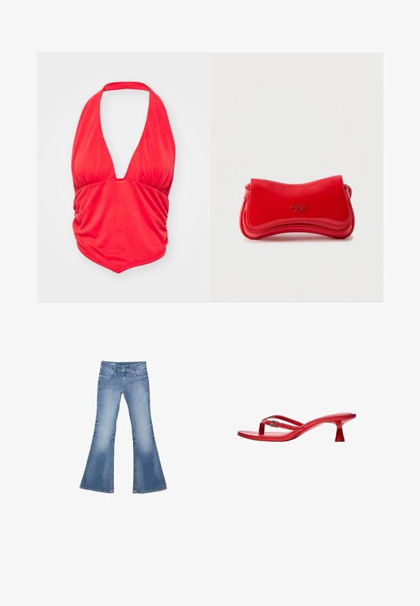 Haut à bretelles rouge avec un décolleté en V profond et des détails de tissu froncé au niveau de la poitrine. Texture douce et forme ajustée, adapté pour le port décontracté.; Jean en denim bleu avec jambes évasées, poches plaquées à l'avant, fermeture à double bouton et effet délavé sur les cuisses et les genoux.; Bershka THAONG KITTEN HEEL - SANDALS - Sandales tongs - red; Sac à main rouge brillant aux courbes douces avec un petit logo ovale sur le devant, présenté sur un fond clair uni.