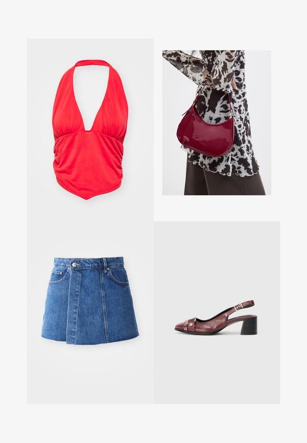 Rotes Haltertop mit tiefem V-Ausschnitt und gerafftem Stoffdetails an der Brust. Glatte Textur und taillierte Passform, geeignet für legere Anlässe.; Denim-Minirock in mittlerem Blau mit hoher Taille, vorderem Knopfverschluss, zwei Taschen und einem rohen Saum am unteren Ende.; Burgunderfarbene Leder-Slingback-Schuh mit runder Zehenpartie, geschwungenem Design, silbernen Hardware-Akzenten und Blockabsatz. Strukturierte Oberfläche.; Frau trägt eine schwarz-weiß gemusterte Bluse und hält eine glänzende rote Schultertasche vor einem einfarbigen Hintergrund.