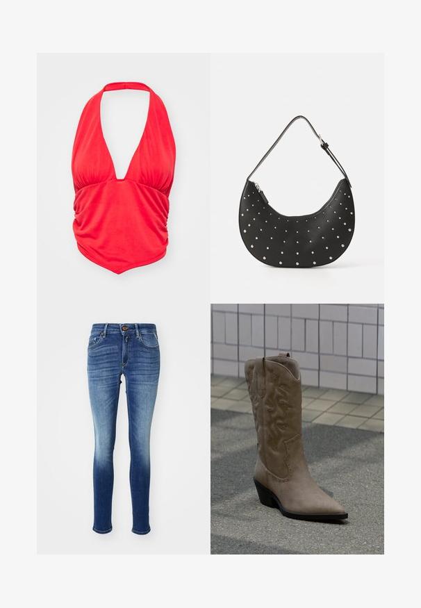 Rode haltertop met een diepe V-halslijn en geplooide stofdetails bij de buste. Glad textuur en een aansluitende pasvorm, geschikt voor casual draag.; Skinny jeans in een aflopende blauwe denim, met vijf zakken, een knoopsluiting en subtiele vervaging naar de enkels. Klassiek design.; Lage beige suède cowboylaars met decoratieve stiksels en studs, voorzien van een puntige neus en een schuin lopende zwarte hak, staand op een betonnen ondergrond.; Zwarte leren handtas met een gebogen vorm, versierd met zilveren studs, voorzien van een ritssluiting en een enkele verstelbare schouderband.