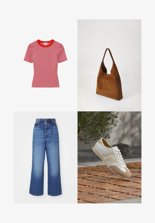 Top de punto de manga corta con rayas horizontales rojas y azul claro y un escote redondo de canalé rojo.; Jeans de pierna ancha hechos de denim azul claro, con una cintura alta, cierre de botón clásico y un ligero desgaste en la parte delantera y trasera.; Zapatilla de cuero blanca y beige con cordones, flotando sobre una superficie de bloques de madera y piedras, con un fondo desenfocado de vegetación y concreto.; Bolso bandolera de ante marrón con una sola correa y pequeño bolsillo delantero asegurado con un botón de latón, colocado sobre un fondo blanco liso.