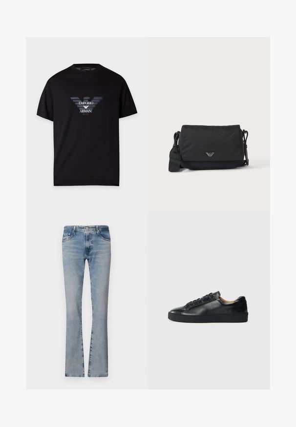 Čierne tričko s krátkym rukávom s rozmazaným logom Emporio Armani a textom "MILANO" potlačeným v strede vpredu.; Svetlomodré rifľové zvonové nohavice s stredne vysokým pásom, piatimi vreckami a vyblednutým vzhľadom, so zipsovým zapínaním a kovovým gombíkom.; Čierne kožené tenisky s hladkým povrchom, okrúhlou špičkou a šnúrkami. Majú hrubú gumenú podrážku a minimálne značkové detaily.; Čierna crossbody taška s nastaviteľným popruhom a malým strieborným logom na prednej klape, zobrazená na jednoduchom svetlom pozadí.