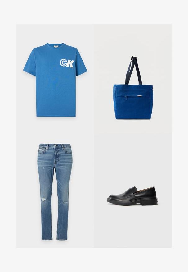 T-shirt en coton bleu à manches courtes, col rond, avec un logo blanc "CK" sur le côté gauche de la poitrine. Texture lisse, coupe régulière.; Jeans en denim bleu clair à coupe droite, avec des détails usés aux genoux et un style classique à cinq poches.; Chaussure habillée noire en cuir, à enfiler, avec un petit talon et un logo Calvin Klein discret sur le côté, présentée de profil sur un fond blanc.; Sac fourre-tout en toile bleue avec une poche zippée à l'avant, des doubles bretelles et une forme rectangulaire. Dispose d'une étiquette de marque discrète.