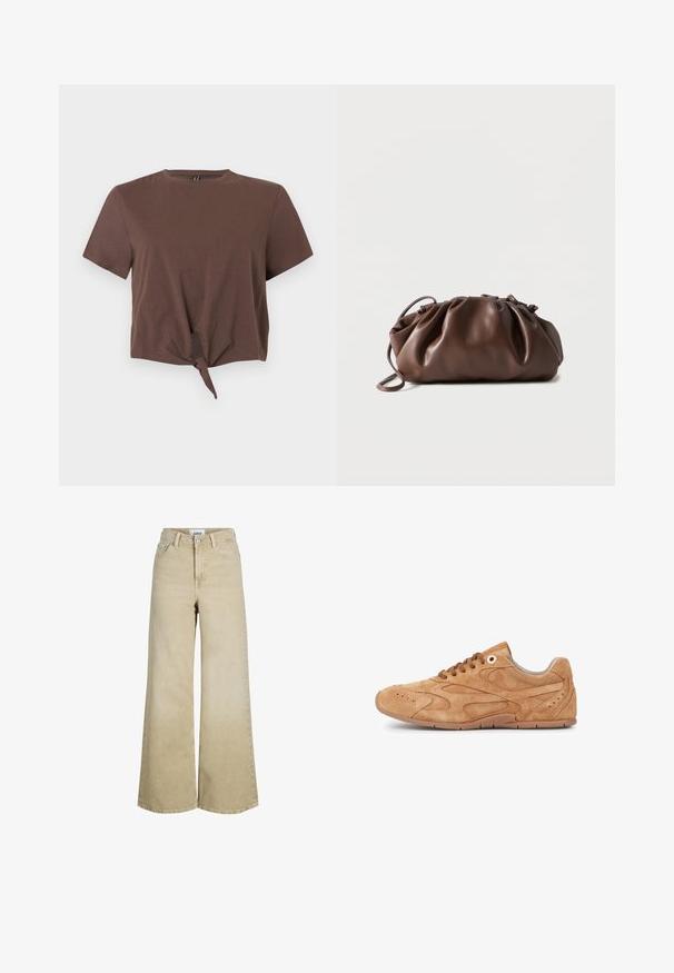 Top marrón de manga corta y corte corto con nudo frontal, cuello redondo y diseño sencillo sin costuras sobre un fondo liso.; Vaqueros beige de cintura alta y pierna ancha con botones y cremallera delanteros, trabillas para cinturón y bolsillos frontales.; Zapatilla de ante en tono beige con un diseño de perfil bajo, punta redonda, cordones marrones, detalles perforados y una suela de goma flexible.; Bolso tipo bolsa de cuero marrón suave con parte superior fruncida y asa delgada, apoyado sobre un fondo blanco.