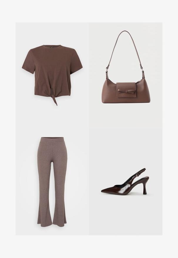 Hnedý krátky crop top s krátkym rukávom, viazaním vpredu, okrúhlym výstrihom a jednoduchým bezšvovým dizajnom na jednoliatom pozadí.; Hnedé rebrované rozšírené nohavice s vysokým, elastickým pásom a jemnou textúrou, ktoré majú jemný vertikálny vzor po celom obvode.; Hnedé patentné kožené sandále na opätku s špicatou špičkou, tenkým opätkom a nastaviteľným popruhom so malou prackou.; Hnedá kožená taška na rameno s predným vreckom na prekrytie, ktoré má prešitý detail mašle a nastaviteľný popruh.