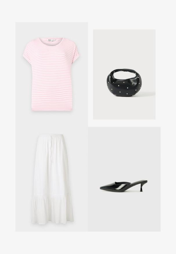 T-shirt rose léger à manches courtes avec des rayures horizontales blanches. Encolure ronde, tissu doux et coupe relaxée. Pas de motifs ni d'accents visibles.; Jupe blanche, longueur genou, fabriquée en tissu léger avec une taille élastique et un cordon de serrage. Elle présente un ourlet volanté et une texture subtile.; Mules en cuir verni noir avec un bout pointu, un petit talon et des côtés courbés, présentant une finition brillante et un design minimaliste.; Sac à main en cuir noir de forme arrondie, décoré de clous argentés et équipé d'une poignée courte. Texture lisse et fermeture éclair.