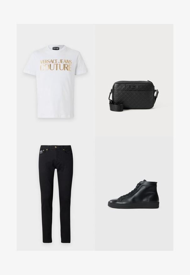 Valkoinen puuvillapaita, jossa on rohkeat kullanväriset "VERSACE JEANS COUTURE" -kirjaimet edessä. Pyöreä kaula-aukko ja lyhyet hihat.; Mustat farkut, joissa on slim fit -leikkaus, kultasävyiset yksityiskohdat, viisi taskua ja pieni brändilogo oikeassa taskussa.; Mustat korkeavartiset tennarit, jotka on valmistettu sileästä nahasta, pyöreällä varvaskärjellä, littealla kumipohjalla ja nauhakiinnityksellä. Siistit linjat ja minimalisti koristeet.; Musta tekstuuriga õlakott, millel on embosseeritud geomeetriline muster ja reguleeritav rihm, millel on brändi logo.