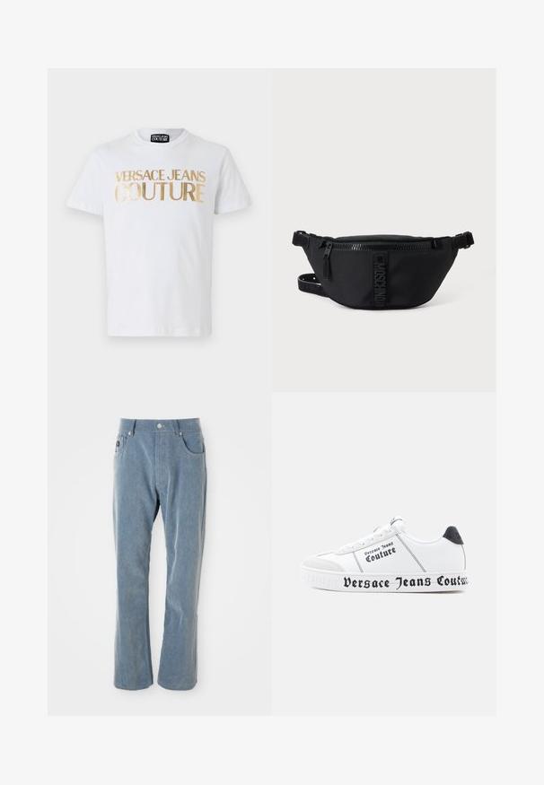 Biela bavlnená tričko s výrazným zlatým nápisom "VERSACE JEANS COUTURE" na prednej strane. Okruhly výstrih a krátke rukávy.; Svetlomodré kordové nohavice s gombíkovým a zipsovým uzáverom, prednými vreckami a rovnými nohavicami na bielom pozadí.; Biele tenisky s textúrovaným povrchom, čiernymi akcentmi a výrazným logom "Versace Jeans Couture" pozdĺž podrážky a strán.; Čierna ľadvinka Moschino s predným zipsom a nastaviteľným remienkom na jednoduchom svetlom pozadí.
