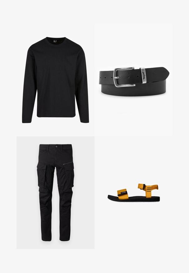 Schwarzes Longsleeve-T-Shirt aus weicher Baumwolle. Es hat einen Rundhalsausschnitt, einen geraden Schnitt und keine Muster. Einfaches Design, das sich gut zum Layering eignet.; Schwarze Cargo-Hosen aus strapazierfähigem Stoff, mit mehreren Seitentaschen, einer Reißverschlusstasche, schmal zulaufenden Beinen und verstärkten Nähten.; Gelbe Stoffsandale mit zwei verstellbaren Riemen, schwarzer Gummisohle, strukturiertem Fußbett und weißem Außensohlen-Detail. Seitenansicht.; Schwarzer Ledergürtel mit einer silbernen rechteckigen Schnalle und einem Logodesign. Verfügt über mehrere Löcher zur verstellbaren Größenanpassung und eine glatte Oberfläche.
