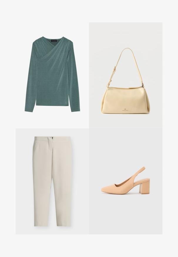 Langærmet top i en dæmpet teal farve. Har en indpakningsdesign med draperet stof på skuldrene og en blød, glat tekstur.; Beige skræddersyede bukser med lige ben, sidelommer og lynlås foran. Glat stof med et rent, minimalistisk design.; Beige slingback hæl, lavet af glat syntetisk materiale. Den har en firkantet tå, åbne sider og en kraftig blokhæls. Simple design.; Beige rektangulær skuldertaske med justerbar rem og lynlås, med en lille "Anna Field"-logo midt foran.