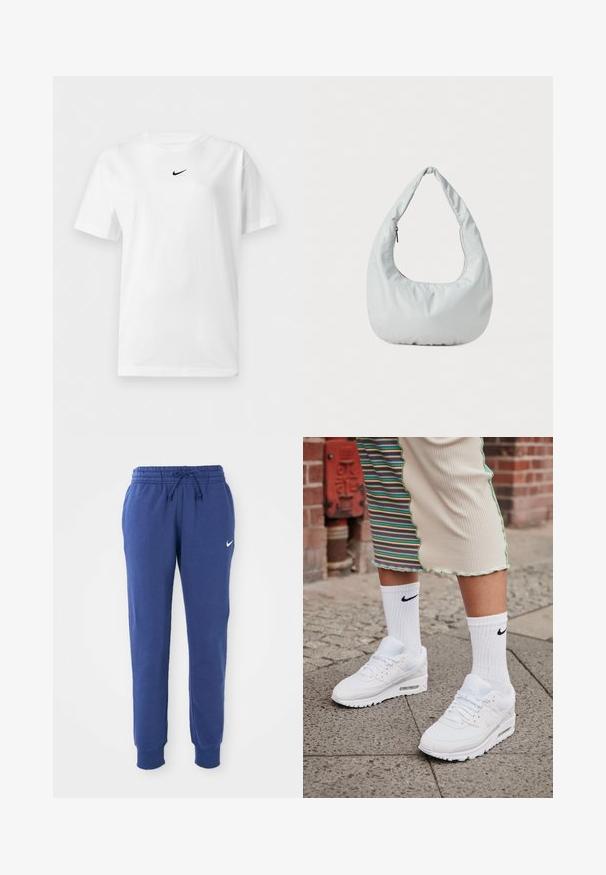 Wit T-shirt met korte mouwen en een ronde hals, met een klein zwart Nike Swoosh-logo centraal vlakbij de kraag.; Blauwe Nike trainingsbroek met elastische tailleband, trekkoord, gekruiste enkels en wit Nike swoosh-logo op de linkerdij.; Witte Nike Air Max 90 sneakers met een bovenwerk van mesh en leer, voorzien van een zichtbare luchtunit, gecombineerd met witte geribbelde sokken met een zwart logo.; Zachte, lichtgrijze hobo tas van synthetisch materiaal. Heeft een enkele gevoerde handgreep en een ritsvak aan de zijkant.