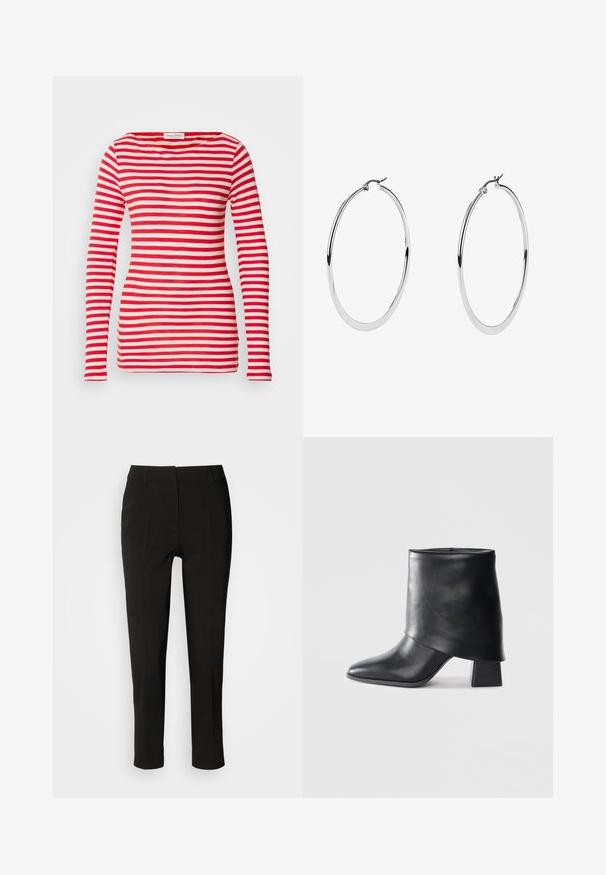 Chemise à manches longues rayée rouge et blanche en coton doux, avec un décolleté bateau et une silhouette ajustée. Aucun détail supplémentaire.; Pantalons noirs ajustés avec une coupe slim, devant plat et sans poches visibles, offrant une texture lisse et une finition soignée au bas.; Bottine en cuir noir à bout pointu, texture lisse et talon bloc structuré. Elle se distingue par un design de revers haut et plié.; De grandes boucles d'oreilles en argent avec une finition métallique polie, présentant un design circular lisse et un fermoir à clip sécurisé.