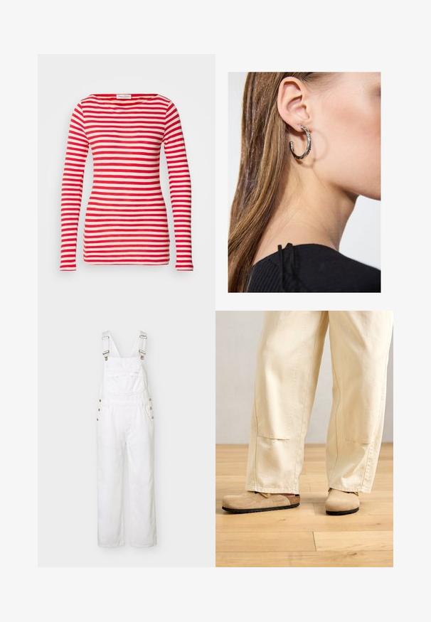 Chemise à manches longues rayée rouge et blanche en coton doux, avec un décolleté bateau et une silhouette ajustée. Aucun détail supplémentaire.; Salopette en denim blanc avec bretelles réglables, poche poitrine avant, boutons latéraux et jambes larges et droites, présentée sur un fond uni.; Pantalons larges beiges portés avec des sabots en suède tan de style Birkenstock sur un sol en bois clair.; Boucle d'oreille en argent avec une finition polie, présentant de petits détails en or et de forme ronde, portée sur le lobe.