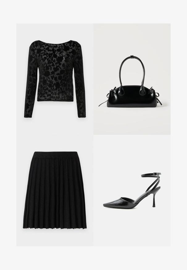 Zwarte langemouwtop van doorzichtig materiaal met een bloemenpatroon. Ronde halslijn en getailleerde vorm, met een subtiele textuur overal.; Vero Moda Knitted VMMARINA Short - Minirok - black; Zwarte pumps met puntige neus, dunne enkelbandjes en een zilveren gesp op een effen lichte achtergrond.; Kleine zwarte glanzende handtas met twee lange hengsels en zijkant trekkoord details op een effen lichte achtergrond.