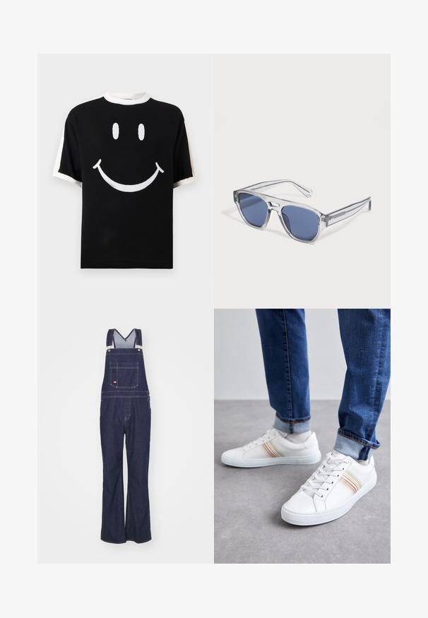 Sort kortærmet skjorte med hvide krave og manchetter, med et stort hvidt smilende ansigtsdesign på forsiden.; Dickies CLASSIC - Jeans Straight Leg - rinsed; Hvide lædersneakers med multicolore striber, snørebåndsdesign, gummisål og polstret krave, parret med blå denimjeans.; Solbriller med klart stel og rektangulære blåtonede linser, som ligger på en hvid overflade.