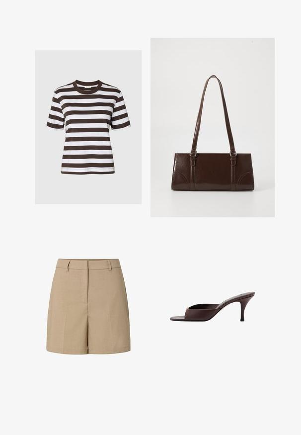 T-shirt à manches courtes avec larges rayures horizontales marron foncé et blanches et un col rond sur un fond uni.; Shorts beiges sur mesure avec passants de ceinture, fermeture éclair frontale et coutures nettes dans un tissu lisse.; Mule marron foncé à bout ouvert, talon bas incurvé et large bride sur l'avant.; Sac à main en cuir verni marron de forme rectangulaire, avec deux longues poignées et des accents courbés subtils à l'avant.