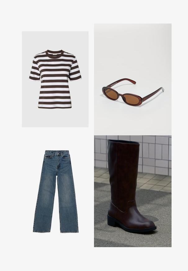 Camiseta de manga corta con anchas rayas horizontales en marrón oscuro y blanco y escote redondo sobre un fondo liso.; Jeans de mezclilla azul de pierna ancha con cintura alta, cinco bolsillos y costuras en contraste. Desvanecimientos y ligerasImperfecciones visibles en la tela.; Bota de cuero marrón oscuro hasta la mitad de la pierna con puntera redondeada y tacón bajo de bloque, sobre el pavimento cerca de una pared con azulejos.; Gafas de sol redondas con tinte marrón y un marco burdeos brillante. Patillas delgadas con un sutil detalle de marca. Diseño de lentes planos.