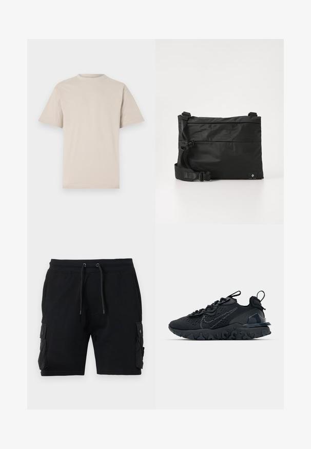 Beige kortærmet t-shirt med rund hals, lavet af glat bomuldsstof, med en afslappet pasform og uden synlige mønstre eller udsmykninger.; Sort cargo shorts lavet af en bomuldsblanding, med to sidelommer, justerbar talje med snor og en glat tekstur.; Sort atletisk sko med en åndbar mesh-overdel, teksturerede detaljer og en bølget gummisål. Har reflekterende logo og snørresystem.; Sort nylon messenger-taske med justerbar rem, fladt design og et sideetiket med et logo. Glat tekstur og minimalistisk stil.