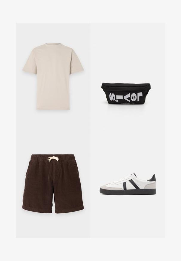T-shirt beige à manches courtes, col rond, en tissu coton lisse, avec une coupe décontractée et sans motifs ni embellissements visibles.; Shorts en velours côtelé brun avec une taille élastique, une fermeture à cordon de serrage et des poches latérales. Le tissu présente un motif côtelé vertical et une finition texturée.; Baskets blanches avec des accents noirs et gris, présentant un embout texturé gris, une semelle en caoutchouc noir et des lacets plats blancs. Design épuré, style minimaliste.; Sac en tissu noir de forme plate, avec un texte blanc en gras. La fermeture éclair est située en haut, avec un détail en boucle sur un côté.