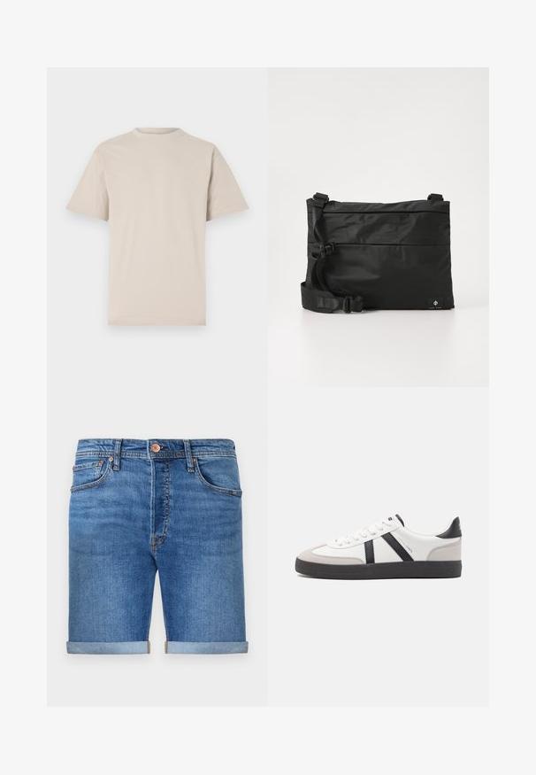 Beige kortærmet t-shirt med rund hals, lavet af glat bomuldsstof, med en afslappet pasform og uden synlige mønstre eller udsmykninger.; Denim shorts i en mellemmel tone med opkrøllede manchetter, fem-lomme design, messingknaplukning og kontraststing.; Hvide sneakers med sorte og grå detaljer, med en tekstureret grå tåhætte, sort gummisål og flade hvide snørebånd. Rent design, minimalistisk stil.; Sort nylon messenger-taske med justerbar rem, fladt design og et sideetiket med et logo. Glat tekstur og minimalistisk stil.