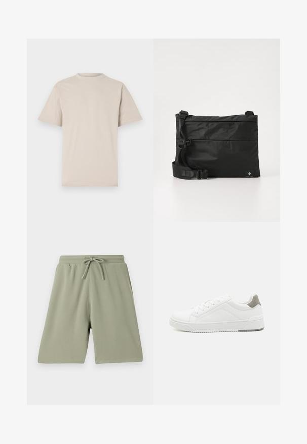 Camiseta de manga corta beige, con cuello redondo, hecha de una suave tela de algodón, que presenta un corte relajado y sin patrones o adornos visibles.; Pantalones cortos verde claro hechos de una tela texturizada con cintura elástica y cordón. Corte recto y diseño hasta la rodilla.; Zapatilla blanca con material de cuero liso, punta redonda, diseño minimalista, acento gris en el talón y suela de goma texturizada.; Bolso mensajero de nylon negro con correa ajustable, diseño plano y una etiqueta lateral con un logo. Textura suave y estilo minimalista.