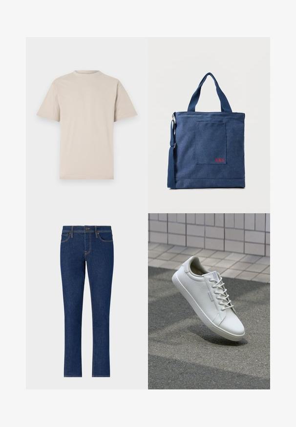 Beige t-shirt met korte mouwen, ronde hals, gemaakt van een gladde katoenstof, met een relaxed fit en zonder zichtbare patronen of versieringen.; Donkerblauwe denim jeans met een recht model, voorzien van subtiele stiksels, vijf zakken en een knoopsluiting bij de taille.; Witte sneaker van gestructureerd leer, met een vetersluiting, stevige rubberen zool en een minimalistisch ontwerp met een versterkte neus.; Blauwe canvas tas met voorvak en rode "O.N.S" borduring, voorzien van dubbele handvatten en een verstelbare schouderriem.