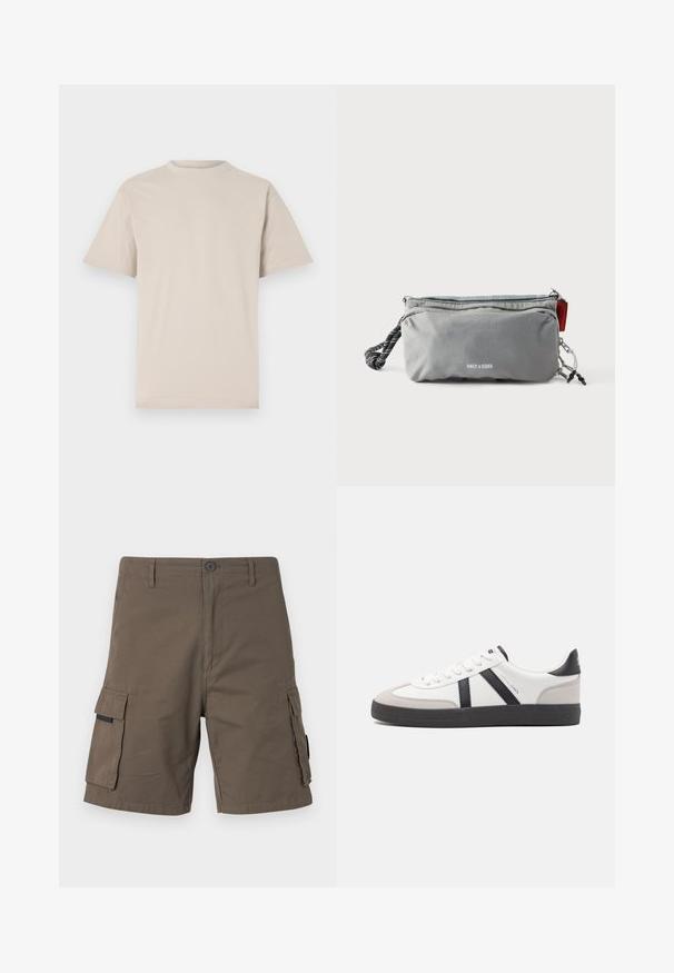 T-shirt beige à manches courtes, col rond, en tissu coton lisse, avec une coupe décontractée et sans motifs ni embellissements visibles.; Shorts cargo en vert olive, fabriqués en coton, dotés de deux poches latérales, d'une fermeture à bouton et d'un design droit.; Baskets blanches avec des accents noirs et gris, présentant un embout texturé gris, une semelle en caoutchouc noir et des lacets plats blancs. Design épuré, style minimaliste.; Trousse rectangulaire grise avec fermetures éclair, poignée en corde noire et blanche sur un côté, et texte "ONLY & SONS" au centre devant.