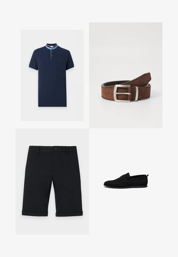 Polo azul marino de manga corta con cuello mandarín azul claro y tres botones en la tapeta.; Pantalones cortos negros de algodón con cierre de botón, diseño entallado y dobladillo enrollado. Presentan bolsillos delanteros y una textura suave.; Mocasines de ante negro con suela de goma plana, con un diseño cosido y un panel frontal elevado para un ajuste seguro.; Cinturón de ante marrón con hebilla de metal plateado y detalle de costuras lineales. El cinturón es plano y tiene un ancho y una forma clásicos.