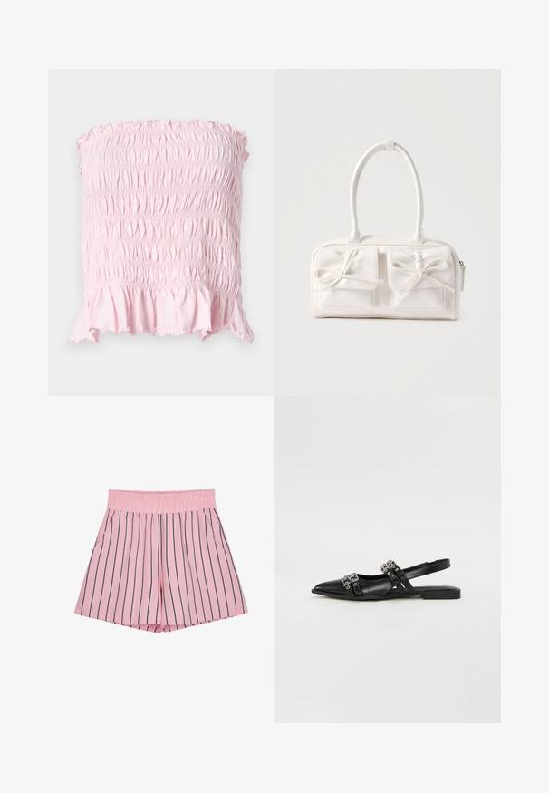 Lichtroze top zonder bandjes met geplooide, gerimpelde stof en gerafelde randen aan de boven- en onderzoom.; Lichtroze shorts met verticale marineblauwe strepen, elastische tailleband en zijzakken. Gemaakt van een zachte stof met een losse pasvorm.; Even&Odd by Zalando Slingback ballerina´s - black; Witte synthetische handtas met twee voorzakken, elk voorzien van een gebonden strikdetail. Soepele textuur, afgeronde handgrepen en een ritssluiting.