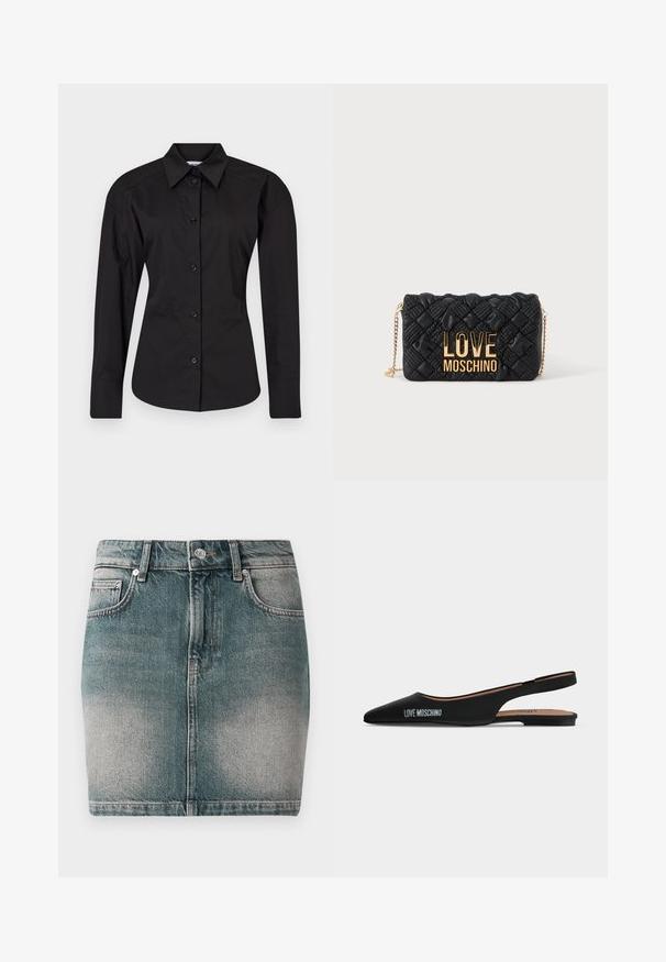 Schwarze Baumwollhemd mit Knopfleiste. Besitzt lange Ärmel, einen klassischen Kragen und eine taillierte Form mit glatter Textur.; Blaue Denim-Miniskirt mit vorderem Knopf und Reißverschluss, zwei Vordertaschen und einer ausgewaschenen Optik an den Oberschenkeln.; Schwarzer spitzer Slingback-Flachschuh mit niedrigem Absatz und "LOVE MOSCHINO"-Logo an der Seite vor schlichtem hellem Hintergrund.; Schwarze gesteppte Umhängetasche mit goldener Kettenriemen und großem goldenen "LOVE MOSCHINO" Logo auf der Vorderseite.