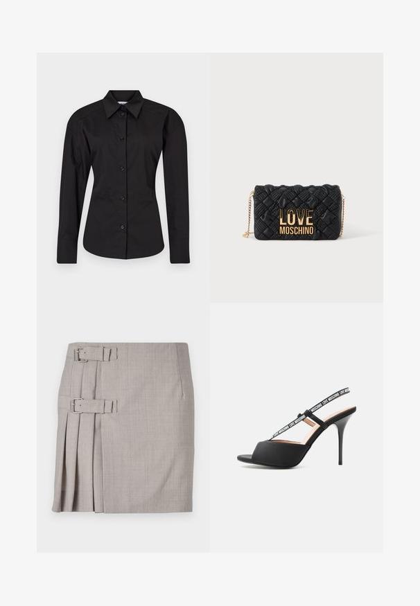 Camisa negra de botón hecha de algodón. Presenta mangas largas, un cuello clásico y una forma ajustada con una textura suave.; Falda gris con tela texturizada, pliegues laterales y dos hebillas para un ajuste ajustable. Forma clásica recta, diseño a la altura de la rodilla.; Sandalia negra de tacón alto y puntera abierta con finas tiras con la marca "LOVE MOSCHINO" sobre el pie y alrededor del tobillo.; Bolso bandolera negro acolchado con correa de cadena dorada y gran logo dorado "LOVE MOSCHINO" en el frente.