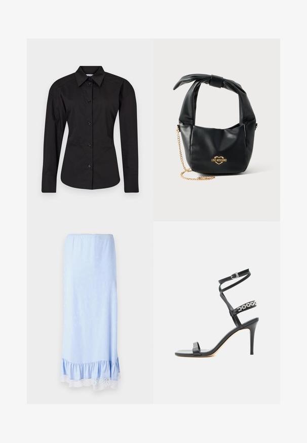 Chemise noire à boutons en coton. Elle présente des manches longues, un col classique et une coupe ajustée avec une texture lisse.; Jupe en satin bleu clair avec un ourlet volanté, ornée d'une bordure en dentelle blanche et de motifs floraux subtils sur l'ensemble du tissu. Taille élastique.; Sandale noire à talon haut avec fine bride à la cheville, bride médiane décorée de maillons de chaîne argentés, et design à bout ouvert.; Sac à main Love Moschino en cuir noir souple avec poignée nouée et bandoulière chaîne dorée sur fond blanc.