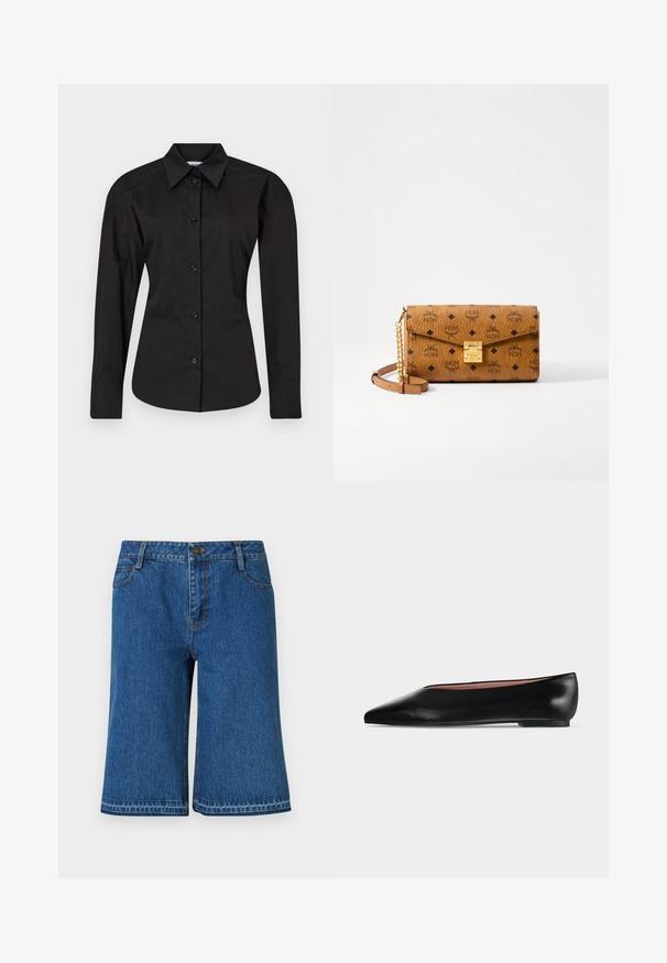 Sort button-up skjorte lavet af bomuld. Har lange ærmer, en klassisk krave og en tætsiddende form med en glat tekstur.; Blå denimshorts med lige snit, som har en talje, fem lommer og diskrete syninger langs sømmene.; Sort damesko i læder med flad hæl og spids tå, vist fra siden på en ensfarvet lys grå baggrund.; Brun læderhåndtaske med prægede logo mønster, gyldent hardware, fold-over klap, og en aftagelig kæde- og læderrem. Dimensioner ikke specificeret.