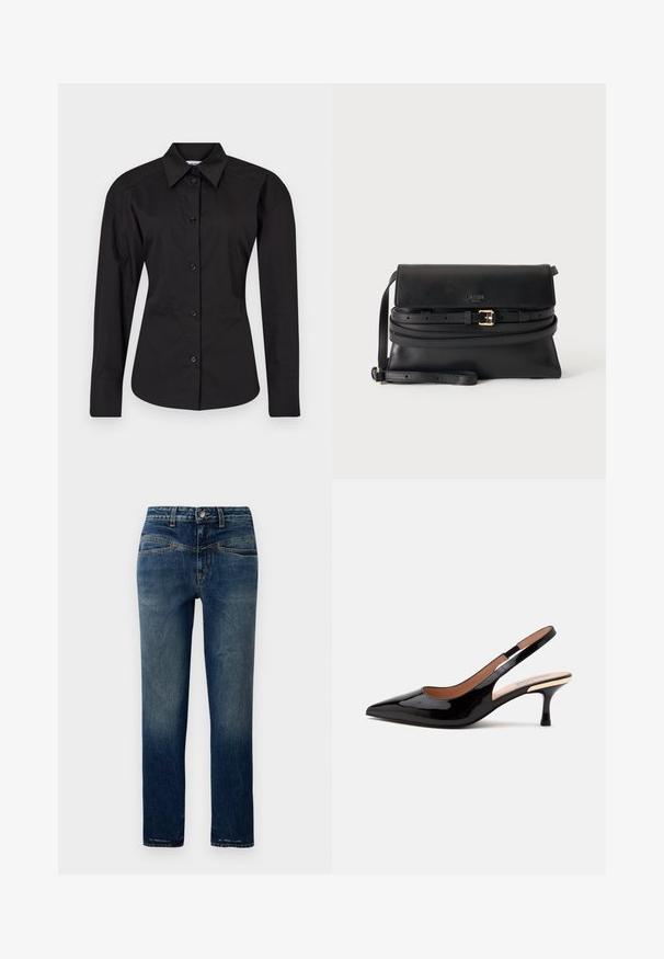 Chemise noire à boutons en coton. Elle présente des manches longues, un col classique et une coupe ajustée avec une texture lisse.; Jean en denim bleu foncé à coupe droite, présentant un léger délavage, des surpiqûres orange et une fermeture par bouton à la taille.; Escarpin slingback en cuir verni noir avec bout pointu et petit talon kitten sur fond blanc uni.; Sac bandoulière en cuir noir avec rabat, fine bandoulière ajustable et ceinture décorative avec boucle dorée à l'avant.