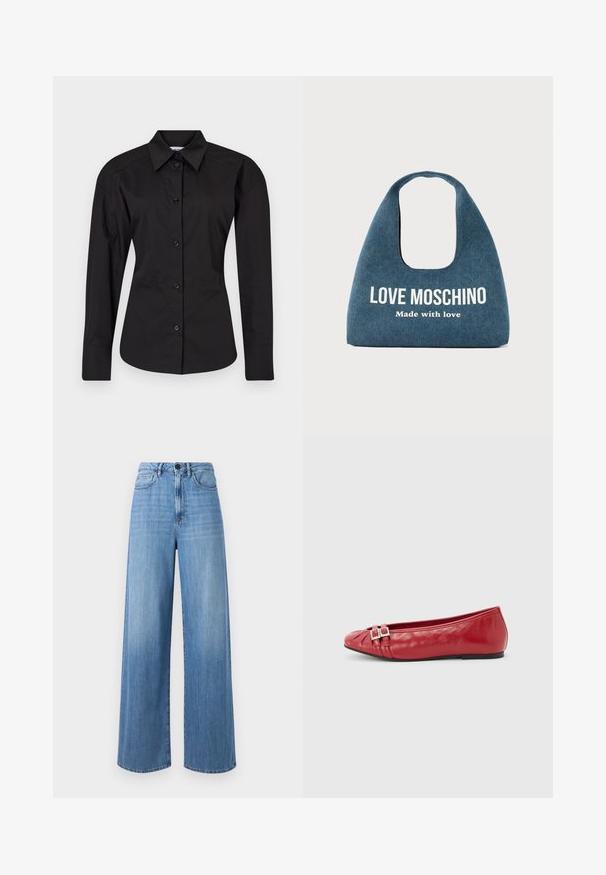 Sort button-up skjorte lavet af bomuld. Har lange ærmer, en klassisk krave og en tætsiddende form med en glat tekstur.; Lyseblå brede jeans lavet af denim, med høj talje, bælte loops, forlommer og kontraststikninger.; Rød læderflad sko med spids tå, dekorative dobbelte remme med spænder og sort sål, vist i sideprofil på en hvid baggrund.; Blå denim håndtaske med afrundet håndtag og "LOVE MOSCHINO Made with love" trykt i hvidt på forsiden.