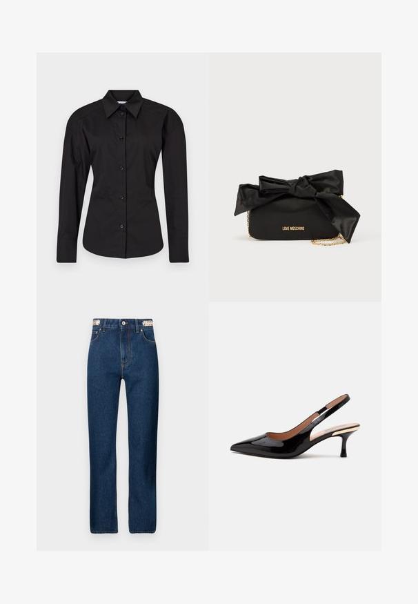 Camisa negra de botón hecha de algodón. Presenta mangas largas, un cuello clásico y una forma ajustada con una textura suave.; Rabanne Vaqueros rectos - dark blue denim; Zapato de salón slingback de charol negro con punta afilada y tacón bajo tipo kitten sobre un fondo blanco liso.; Bolso de satén negro con un gran detalle de lazo en la parte superior, correa de cadena dorada y el logo en relieve "LOVE MOSCHINO" en la parte frontal.