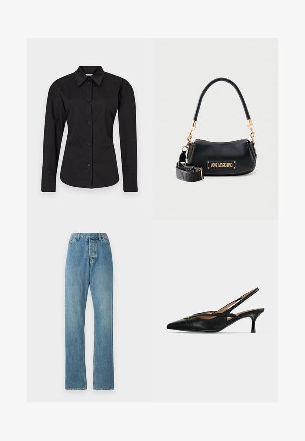 Sort button-up skjorte lavet af bomuld. Har lange ærmer, en klassisk krave og en tætsiddende form med en glat tekstur.; Lyseblå denim jeans med lige ben-design, fem lomme-stil og en synlig talje. Teksturen er let slidt, men intakt.; Sort læder spids slingback sko med lav killingehæl og guldbeslag foran.; Sort Moschino håndtaske med gulddetaljer, aftagelig skulderrem med logo og buet håndtag på en ensfarvet lys baggrund.