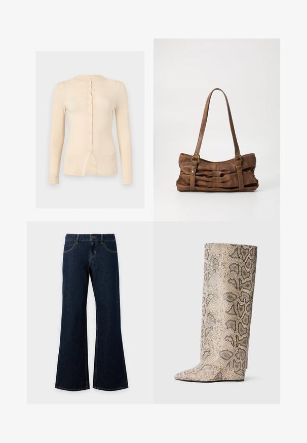 Beige langærmet tætsiddende top med rund halsudskæring, knaplukning foran og en lille slids i bunden midt.; Mørkeblå denimjeans med knap og lynlås foran, fem lommer og let udvidede vide ben.; Høje støvler med spids tå i et beige og sort slangeprint mønster. Lavet af tekstureret syntetisk materiale med en slank, glat finish.; Even&Odd by Zalando Håndtasker - brown