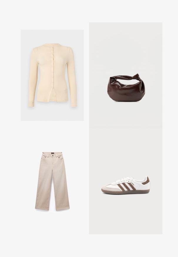 Beiges langärmliges, figurnahes Oberteil mit rundem Ausschnitt, geknöpfter Vorderseite und kleinem Schlitz unten in der Mitte.; Beige weite Baumwollhosen mit glatter Textur. Sie verfügen über fünf Taschen, Gürtelschlaufen und silberfarbene Beschläge an der Vorderseite.; Weißer Adidas Samba Sneaker mit braunen Wildlederstreifen, brauner Gummisohle und beiger Wildlederkappe, von der Außenseite auf schlichtem Hintergrund gezeigt.; Dunkelbraune Lederschultertasche mit weicher, lockerer Form und einem gedrehten Knotengriff vor schlichtem weißem Hintergrund.