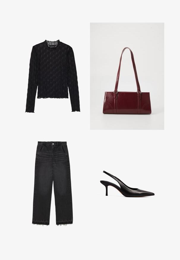 Schwarzes Langarmoberteil mit transparenter gerippter Struktur, versehen mit einem Rüschen-Mock-Neck und einem kurzen Saum.; Schwarze Denim-Hosen mit geradem Bein. Sie verfügen über eine hohe Taille, einen fransigen Saum und eine subtile, ausgebleichte Textur. Mit Eingrifftaschen vorne.; NA-KD Pumps - black; Burgunderfarbene Handtasche aus glänzendem Material, rechteckige Form, mit zwei Schulterriemen und subtilen, geschwungenen Akzenten an der Vorderseite.