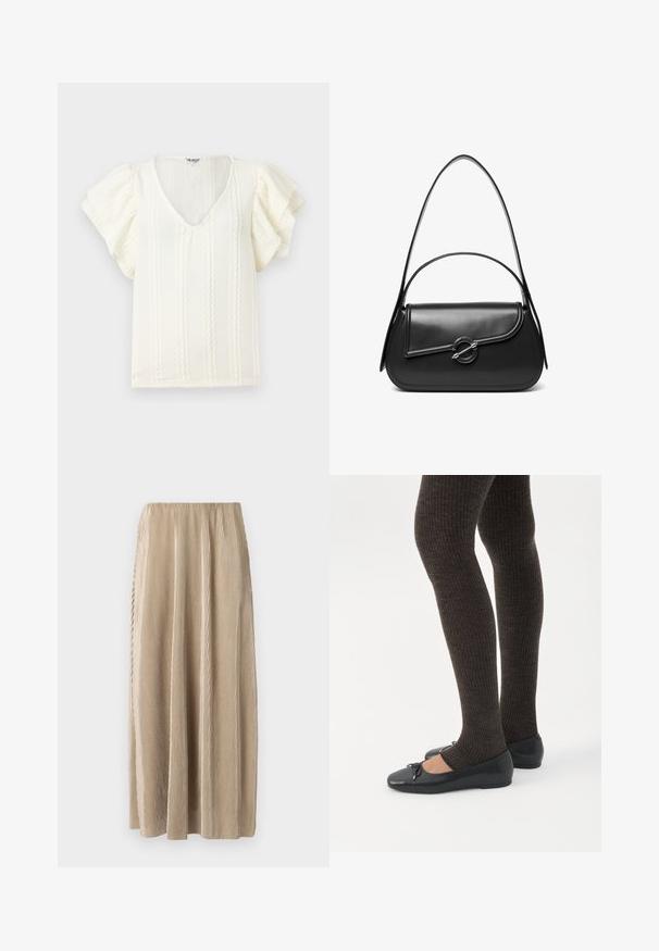 Hvid bluse med korte, flæseærmer, V-udskæring og lodrette, strukturerede striber. Letvægtsstof med en subtil, blød glans.; Plisseret beige midi-skjørt med elastisk talje, der har lodrette striber og en flydende silhuet for nem bevægelse.; Ben iført mørke ribbede leggings kombineret med sorte balletsko med små sløjfedetaljer på hvid baggrund.; Sort skuldertaske i læder med en buet klap, der er fastgjort med en rund metal spænde, og en slank, justerbar rem.
