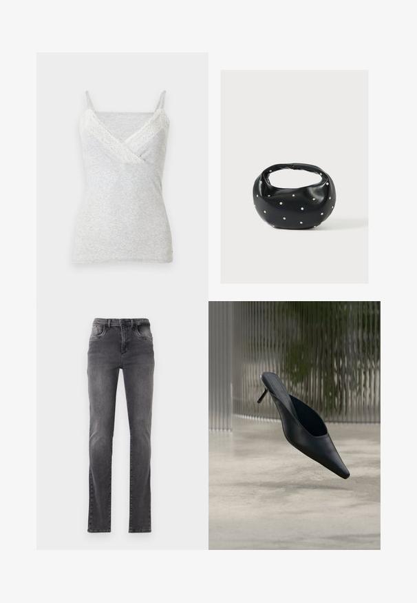 Hellgraues, geripptes Top mit dünnen Trägern und weißer floral bestickter Spitze entlang des V-Ausschnitts und der Brust.; Graue Slim-Fit-Jeans mit leichter Verblassung an den Oberschenkeln und Knien, mit Vorder- und Rückentaschen, Gürtelschlaufen und einem Knopfverschluss.; Schwarzer spitzer Mule-Schuh mit dünnem hohen Absatz, der über einem glatten Betonboden schwebt, mit einem unscharfen vertikal gestreiften Hintergrund.; Schwarze Lederhandtasche mit abgerundeter Form, verziert mit silbernen Nietenakzenten und kurzem Griff. Glatte Struktur und Reißverschlussverschluss.