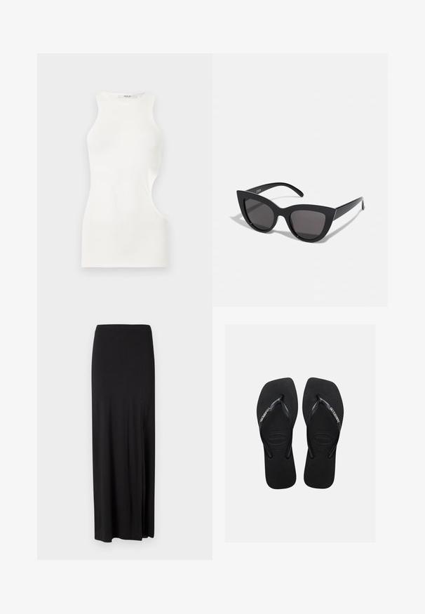 White sleeveless fitted top with a high neckline and asymmetric side cutout, made from smooth fabric.; Black maxi skirt made of soft, stretchy material. Features a side slit and a simple, streamlined design with no embellishments.; Black rubber flip-flops with textured soles and thin straps featuring the Havaianas logo in white on a plain background.; Black cat-eye sunglasses with a matte finish, featuring gray tinted lenses, sharp angles, and sleek side arms. Brand name visible on the inner arm.