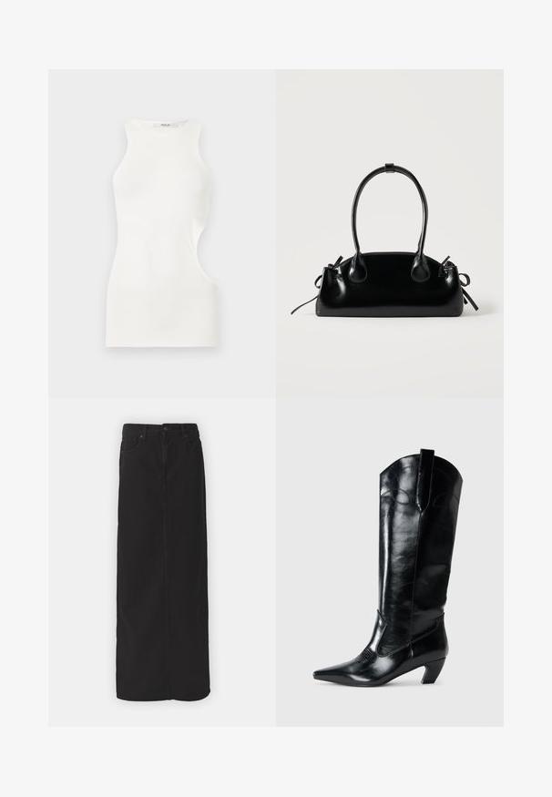 Haut blanc sans manches, ajusté, avec un col montant et une découpe latérale asymétrique, fabriqué en tissu lisse.; Jupe maxi en denim noir avec une coupe droite, poches avant, passants de ceinture et fermeture à bouton unique à la taille. Texture de tissu lisse.; Bottes en cuir noir montantes jusqu'au genou, avec une pointe effilée, un talon bas, et des détails de couture décoratifs sur les côtés. Fini lisse et brillant.; Petit sac à main noir brillant avec deux longues anses et des détails à cordon sur les côtés sur un fond clair uni.