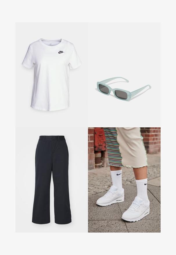 Biela bavlnená tričko s kulatým výstrihom a krátkymi rukávmi. Má čierne logo Nike na hornej ľavej oblasti hrudníka.; Čierne široké nohavice s hladkou textúrou látky, s klasickým pásom a bočnými vreckami. Minimalistický dizajn, žiadne viditeľné vzory.; Biele tenisky Nike Air Max 90 s vrchnou časťou z kombinácie sieťovaného a koženého materiálu, s viditeľnou vzduchovou jednotkou, v kombinácii s bielymi rebrovanými ponožkami s čiernym logom.; Párik obdĺžnikových slnečných okuliarov s svetlomodrými priehľadnými rámami a tmavosivými sklami, s rovnými stranami a minimálnymi hardvérovými detailmi.