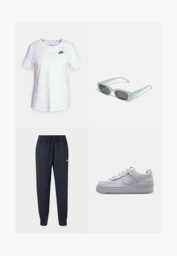 Camiseta de algodón blanca con cuello redondo y mangas cortas. Presenta un logotipo negro de Nike en la parte superior izquierda del pecho.; Pantalones de chándal negros Nike con cinturilla elástica y cordón, piernas ajustadas, tobillos con puños y pequeño logo blanco de Nike en el muslo derecho.; Zapatilla Nike Air Force 1 gris con puntera perforada, parte superior de cuero suave, suela gruesa y detalle en relieve 'AIR' en el talón.; Un par de gafas de sol rectangulares con montura translucida azul clara y lentes gris oscuro, que cuentan con patillas rectas y detalles de hardware mínimos.