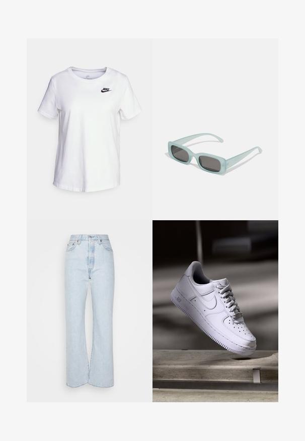 Biela bavlnená tričko s kulatým výstrihom a krátkymi rukávmi. Má čierne logo Nike na hornej ľavej oblasti hrudníka.; Svetlo modré džíny s vysokým pásom a rozšírenými nohavicami, vyrobené z denimu s vyblednutou textúrou. Obsahujú päť vreciek a kovové detaily.; Biele tenisky Nike Air Force 1 vznášajúce sa nad betónovým povrchom so tieňmi v minimalistickom prostredí.; Párik obdĺžnikových slnečných okuliarov s svetlomodrými priehľadnými rámami a tmavosivými sklami, s rovnými stranami a minimálnymi hardvérovými detailmi.
