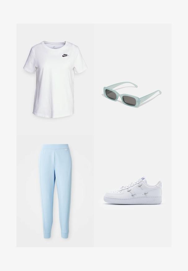 Valge puuvillane T-särk ümmarguse kaelusega ja lühikeste varrukatega. Ülemise vasaku rinnaosa peal on must Nike'i logo.; Hea sinine jogger püksid, mis on valmistatud pehmest materjalist, omavad siledat tekstuuri, kitsenevaid jalgu ja diskreetset logo aktsenti külgedel.; Nike Sportswear AIR FORCE 1 - Tossud - white/hyper royal/black; Kaks ümmargust päikeseprilli, millel on helesinised poolläbipaistvad raamid ja tumehallid objektiivid, sirged tempud ja minimaalsete detailidega riistvara.