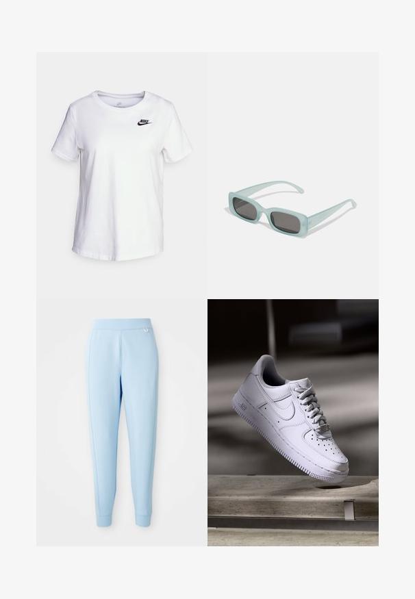 Biela bavlnená tričko s kulatým výstrihom a krátkymi rukávmi. Má čierne logo Nike na hornej ľavej oblasti hrudníka.; Svetlomodré teplákové nohavice z jemného materiálu s hladkou textúrou, zúženými nohavicami a diskrétnym logom na boku.; Biele tenisky Nike Air Force 1 vznášajúce sa nad betónovým povrchom so tieňmi v minimalistickom prostredí.; Párik obdĺžnikových slnečných okuliarov s svetlomodrými priehľadnými rámami a tmavosivými sklami, s rovnými stranami a minimálnymi hardvérovými detailmi.