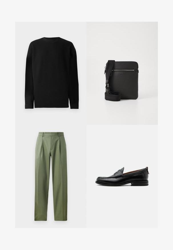 Suéter negro de manga larga hecho de material acanalado. Presenta un cuello redondo y un dobladillo recto con puños ajustados. Diseño simple y de color sólido.; Pantalones a medida en tejido verde olivo con una textura suave, que cuentan con dos pliegues frontales, trabillas para el cinturón y un diseño de pierna recta.; Mocasín de hombre de piel negra con costura moc toe, tira penny, cuello texturizado y tacón bajo apilado sobre fondo blanco.; Bolso cruzado de cuero negro con superficie texturizada, bolsillo frontal con cremallera y correa de tela ajustable. Diseño cuadrado simple.